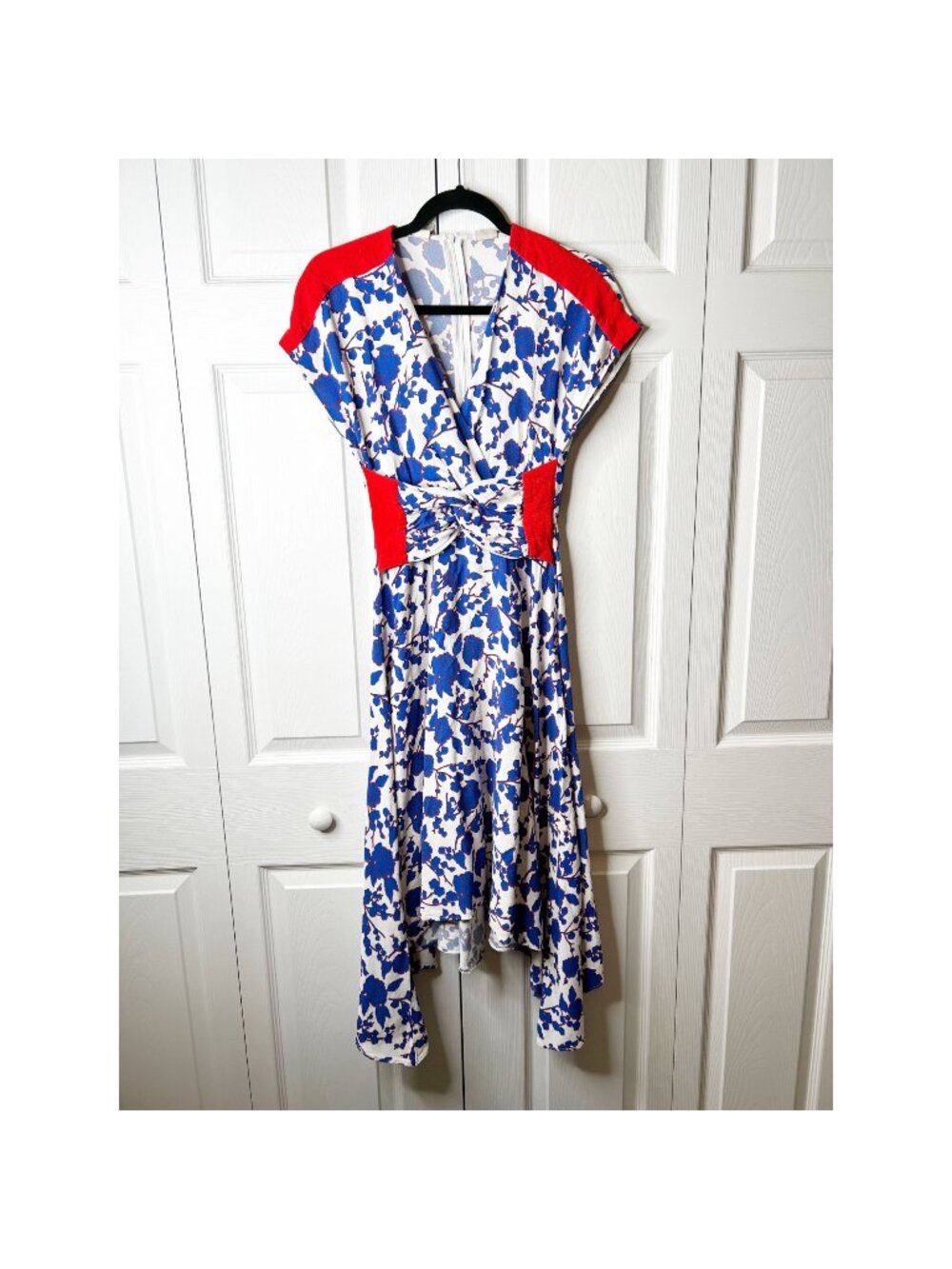 Pinko Blue White Floral Print Gathered Waist Midi Dress Women's Size 2